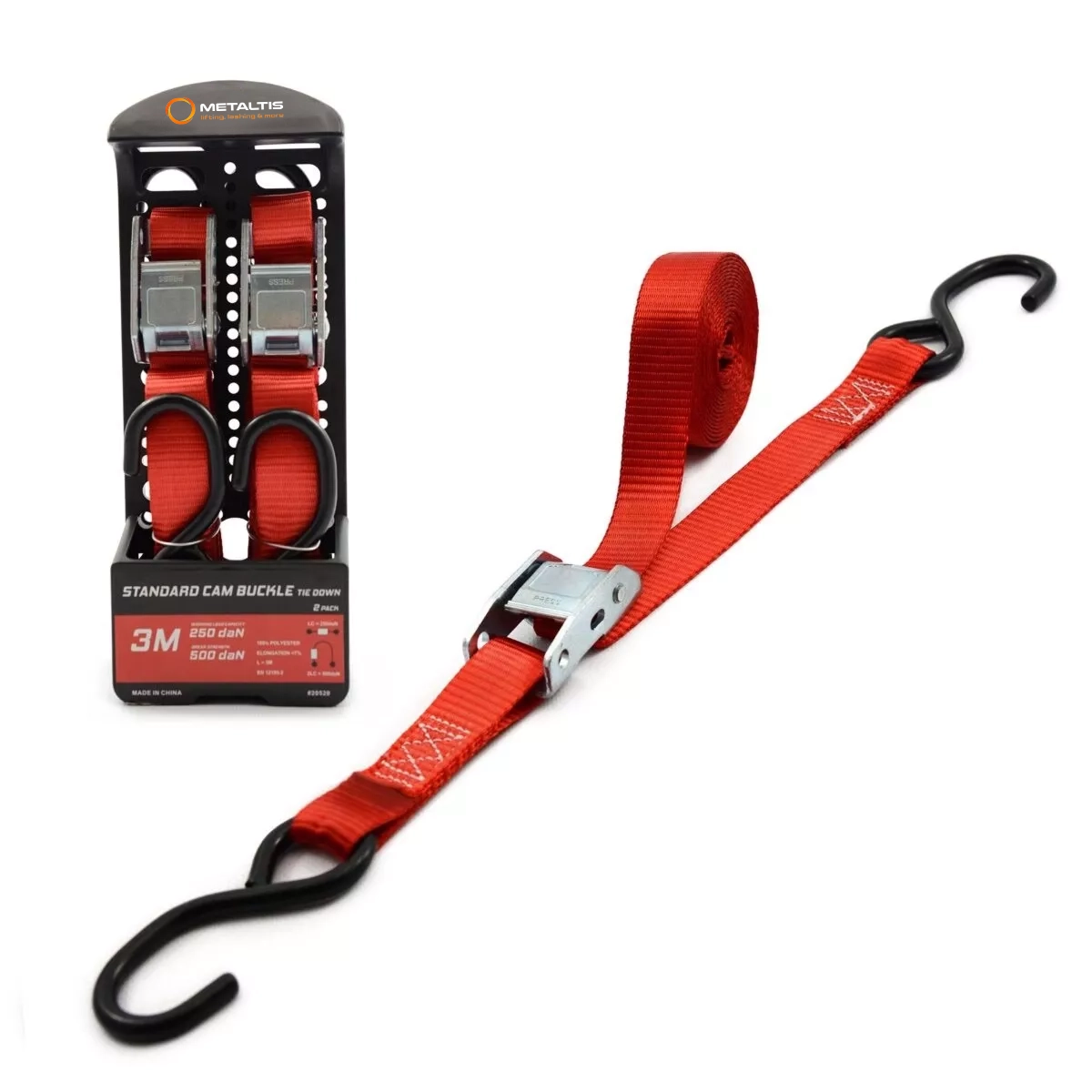 Sangle d’arrimage - 500kg - 3m - 25mm - boucle à came et crochets S - Rouge - 2pcs