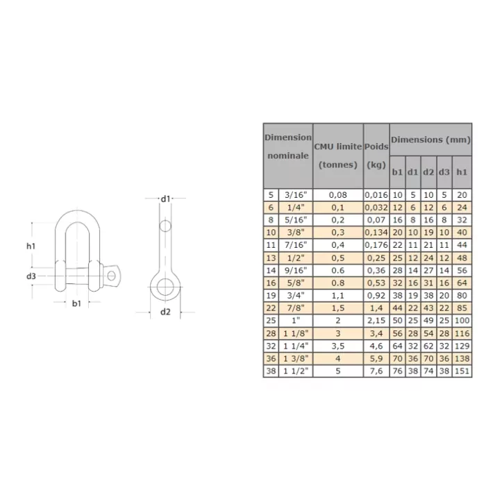 Manille à Goupille Filetée En Acier Inoxydable 316 - Diamètre 10 Mm (3/8") - Capacité 520 Kg - Pour Chaînes, Câbles - Argenté - 10